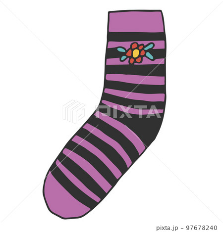 Warm knitted sock with black and pink stripes and a flower on the side.., Illustration 97678240