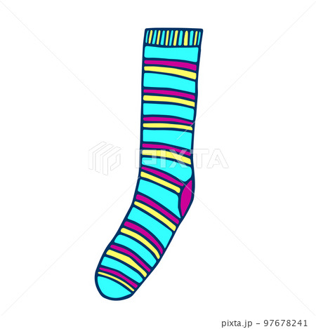 Knitted sock knit blue with red and yellow stripes.., Illustration 97678241