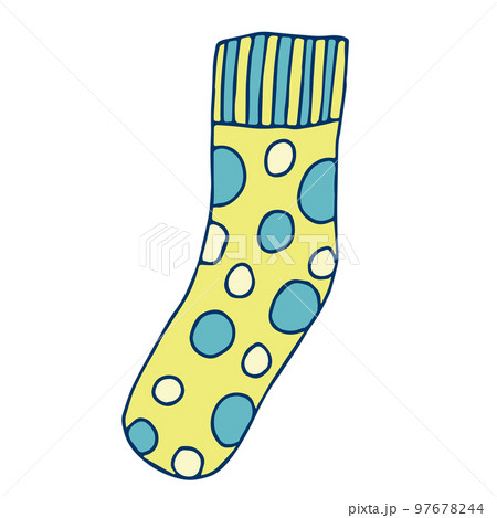 Knitted sock knit yellow with blue polka dots.., Illustration 97678244