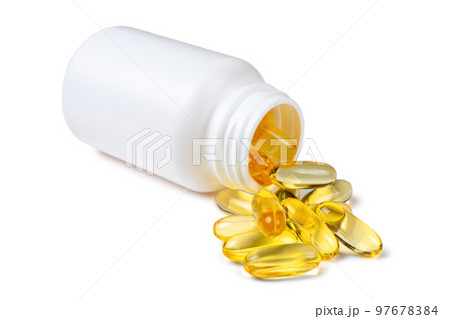 Vitamin D3, omega 3 fish oil supplement softgel capsules in bottle, isolated on white background 97678384