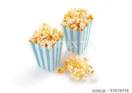 Two blue white striped carton buckets with tasty cheese popcorn, isolated on white background 97678438