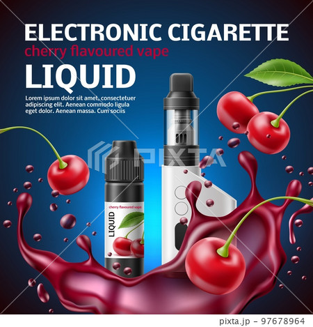 Realistic vape shop poster. 3d electronic cigarette with cherry taste liquid, juicy berries and splash, vaporizer marketing banner, 3d isolated elements advertising template utter vector concept 97678964