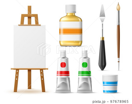 Realistic painter tools. Art supplies and equipments, oil and solvent, gouache jar and paintbrush, palette knife and easel with canvas, 3d isolated elements, artist instrument utter vector set 97678965