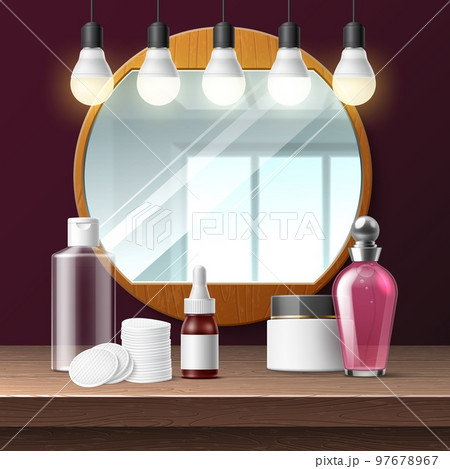 Realistic makeup mirror. Salon round mirror in wooden frame and light bulbs illumination, dressing room, vanity table with parfum and cream, lotion and cotton pads, utter vector concept Realistic makeup mirror. Salon round mirror in wooden frame and light bulbs illumination, dressing room, vanity table with parfum and cream, lotion and cotton pads, utter vector concept 97678967