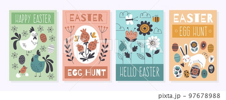 Funny easter congratulations cards. Happy spring holiday posters collection, cute bunnies and chickens, hand drawn flowers and decorative leaves, eggs hunt, tidy vector cartoon flat set 97678988