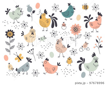 Cartoon funny chicken characters. Decorative domestic birds, laying hens, cockerels and eggs, cute easter holiday elements, hand drawn spring flowers and leaves tidy vector cartoon flat set 97678996