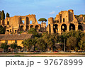 The ancient palace Domus Augustana on the Palatine Hill, view from Circus Maximus. Rome, Italy. 97678999