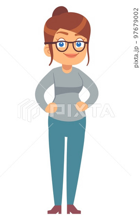 Cartoon flat woman. Different woman generation collection. Middle age lady in casual clothes and glasses standing and smiling, positive human, vector isolated on white background illustration Cartoon flat woman. Different woman generation collection. Middle age lady in casual clothes and glasses standing and smiling, positive human, vector isolated on white background illustration 97679002
