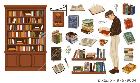 Cartoon books. Book lover hold literature volume, guy in library, gaining knowledge, self education, bibliophile reads, vintage bookshelf, retro shop, tidy vector cartoon flat set Cartoon books. Book lover hold literature volume, guy in library, gaining knowledge, self education, bibliophile reads, vintage bookshelf, retro shop, tidy vector cartoon flat set 97679004