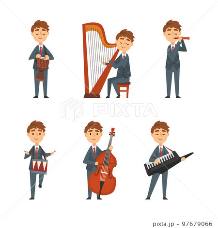 Young Man in Suit and Tie Playing Musical Instrument Performing Concert on Stage Vector Set 97679066