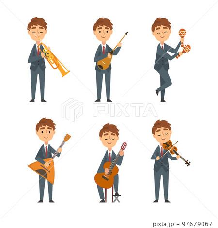 Young Man in Suit and Tie Playing Musical Instrument Performing Concert on Stage Vector Set 97679067