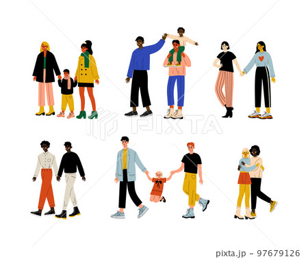 Homosexual Couple Embracing and Holding Hands Walking Together Vector Set 97679126
