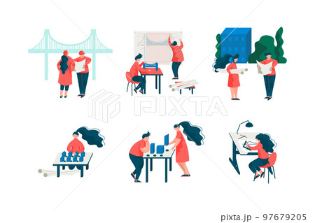 Man and Woman Architect Designing Project and Blueprint for Building Construction Vector Set Man and Woman Architect Designing Project and Blueprint for Building Construction Vector Set 97679205