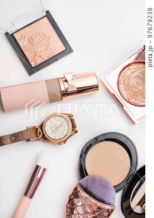 Set of luxury cosmetics for fashion make up on white background Set of luxury cosmetics for fashion make up on white background 97679236