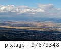 Aerial view of the city of Sofia, Bulgaria. The capital of Bulgaria is located in the west of the country at the foot of the Vitosha mountain range. History of city has more than two thousand years. 97679348