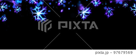 Merry Christmas and Happy New Year blue glowing snowflake background. Neon lights. Shining winter backdrop, xmas. Fluorescent, luminescent illumination 97679569