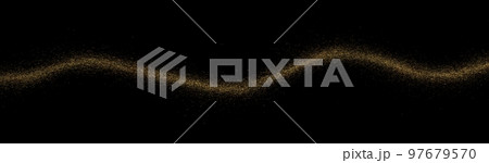 Wavy golden horizontal stripe, plume crumbs. Gold abstract wave sprinkled texture, jewelry dust in black background. Sand particles or pieces. 97679570