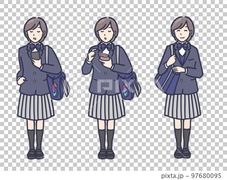 背著學生書包上學的西裝外套制服女高中生全身插畫組 背著學生書包上學的西裝外套制服女高中生全身插畫組 97680095