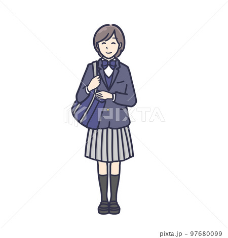 鞄を持って通学する笑顔の女子高生の全身イラスト 正面 鞄を持って通学する笑顔の女子高生の全身イラスト 正面 97680099