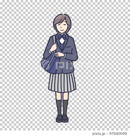 鞄を持って通学する笑顔の女子高生の全身イラスト 正面 鞄を持って通学する笑顔の女子高生の全身イラスト 正面 97680099