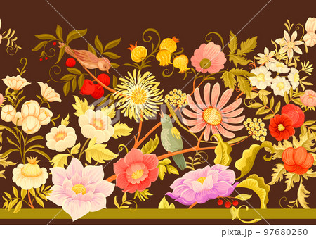 Fantasy flowers and birds in retro, vintage, jacobean embroidery style. Fantasy flowers and birds in retro, vintage, jacobean embroidery style. 97680260