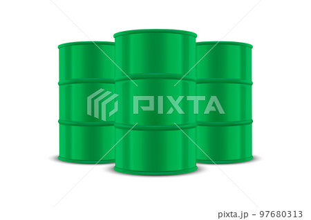 Vector 3d Realistic Three Green Barrels, Hazard Liquid. Caution Barrel, Radioactive, Hazardous Chemical Materials, Toxic Pollution, Many Danger Barrels, Set Closeup Isolated. Front View 97680313