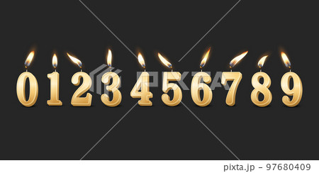 Vector 3d Realistic Paraffin or Wax Burning Golden Birthday Party Candles, Numbers and Different Flame of a Candle Icon Set Isolated. Design Template, Clipart, Birthday Concept. Front View Vector 3d Realistic Paraffin or Wax Burning Golden Birthday Party Candles, Numbers and Different Flame of a Candle Icon Set Isolated. Design Template, Clipart, Birthday Concept. Front View 97680409