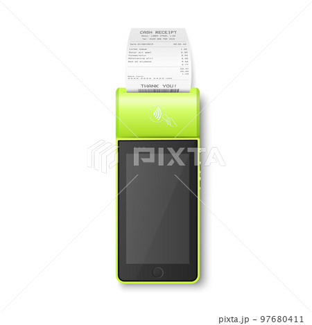 Vector 3d NFC Payment Machine with Approved Status, Paper Check, Receipt Isolated. Wi-fi, Wireless Payment. POS Terminal, Machine Design Template of Bank Payment Contactless Terminal, Mockup. Top VIew Vector 3d NFC Payment Machine with Approved Status, Paper Check, Receipt Isolated. Wi-fi, Wireless Payment. POS Terminal, Machine Design Template of Bank Payment Contactless Terminal, Mockup. Top VIew 97680411