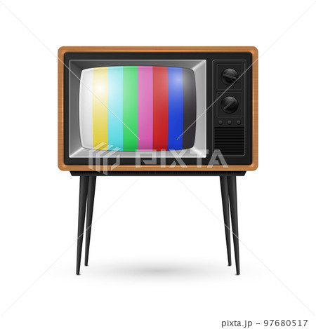Vector 3d Realistic Brown Wooden Retro Striped Screen TV Receiver Isolated on White Background. Home Interior Design Concept. Vintage TV Set, Television, Front View 97680517