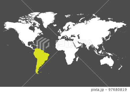 South America continent green marked in white silhouette of World map. Simple flat vector illustration. 97680819