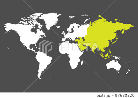 Asia continent green marked in white silhouette of World map. Simple flat vector illustration. 97680820