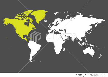 North America continent green marked in white silhouette of World map. Simple flat vector illustration. 97680826