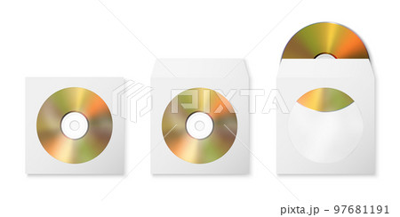 Vector 3d Realistic Golden CD, DVD with Paper, Plastic Cover, Envelope, Case with Transparent Window Set Isolated. CD Box, Packaging Design Template for Mockup. Compact Disk Icon, Top View 97681191