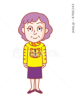 派手な洋服が好きなおばちゃん。子どもが好き。バッグにはいつもお菓子が数種類入っている。 97681343