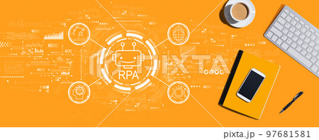 Robotic Process Automation theme with computer keyboard and office items 97681581