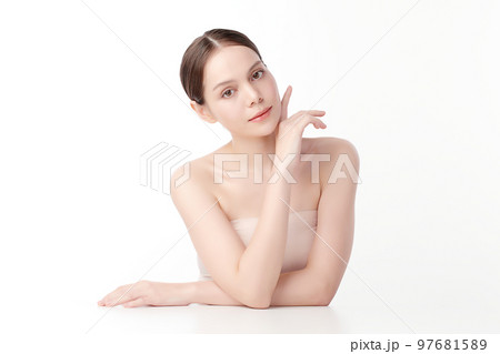 Beautiful young asian woman with clean fresh skin on white background, Face care, Facial treatment, Cosmetology, beauty and spa, Asian women portrait. 97681589