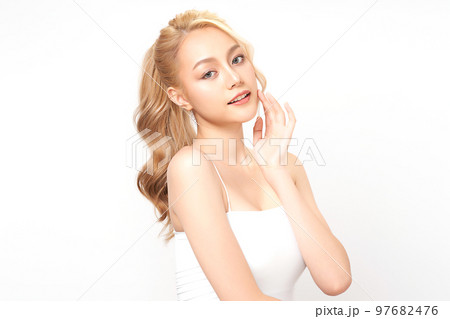 Beautiful young asian woman with clean fresh skin on white background, Face care, Facial treatment, Cosmetology, beauty and spa, Asian women portrait. 97682476