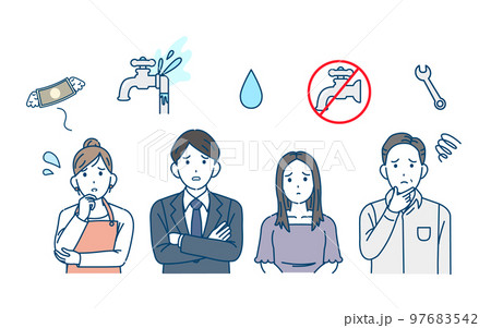 水漏れや断水などの水道関係のトラブルに困る人達のイラスト 水漏れや断水などの水道関係のトラブルに困る人達のイラスト 97683542