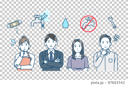 水漏れや断水などの水道関係のトラブルに困る人達のイラスト 水漏れや断水などの水道関係のトラブルに困る人達のイラスト 97683542