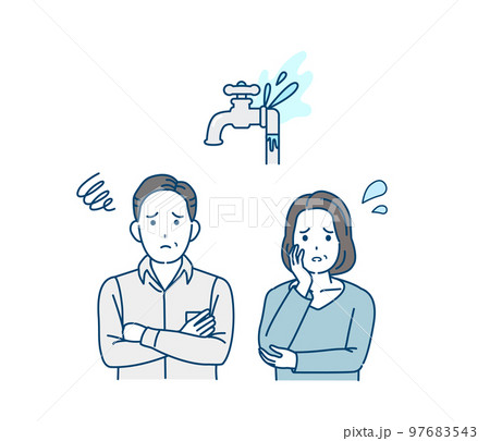 水道の水漏れに困る家庭、中年の夫婦のイラスト 97683543