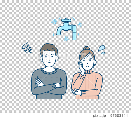 Illustration of a family and a couple who are having trouble freezing the water supply 97683544