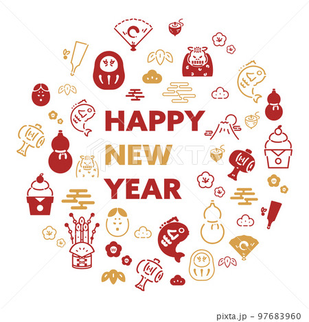 日本の正月をモチーフにしたラインアイコンで飾られたハッピーニューイヤーテンプレート(白) 日本の正月をモチーフにしたラインアイコンで飾られたハッピーニューイヤーテンプレート(白) 97683960