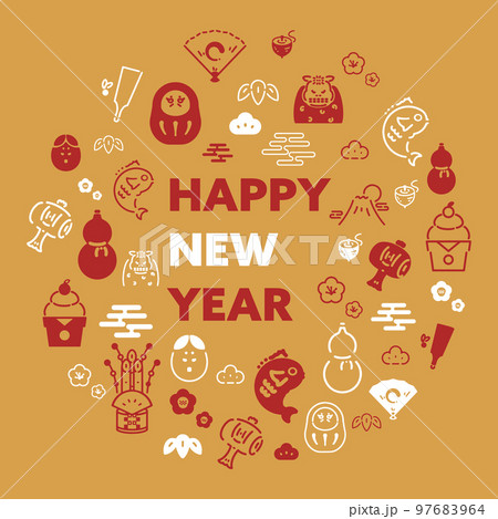 日本の正月をモチーフにしたラインアイコンで飾られたハッピーニューイヤーテンプレート（金） 97683964