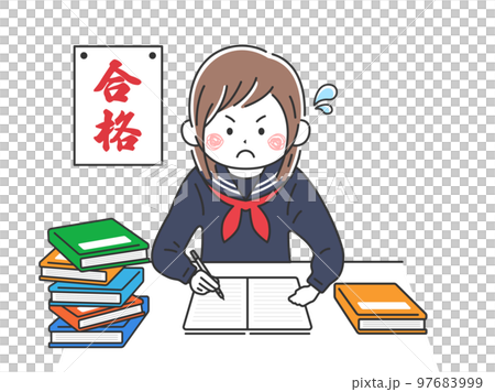 制服を着て 受験勉強する女子学生のイラストのイラスト素材