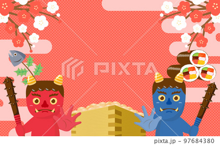 かわいい鬼と豆まきと恵方巻の節分の日のベクターフレームイラスト素材_赤_横長_文字なし 97684380