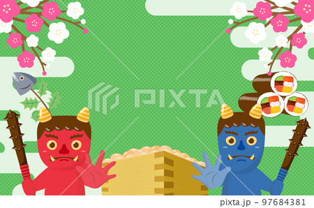 かわいい鬼と豆まきと恵方巻の節分の日のベクターフレームイラスト素材_緑_横長_文字なし 97684381