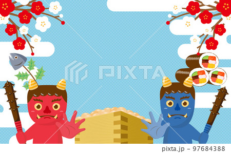 かわいい鬼と豆まきと恵方巻の節分の日のベクターフレームイラスト素材_水色_横長_文字なし 97684388