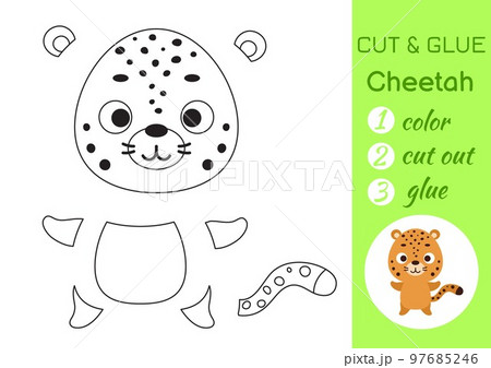 Color, cut and glue paper little cheetah. Cut and paste crafts activity page. Educational game for preschool children. DIY worksheet. Kids logic game, puzzle. Vector stock illustration 97685246