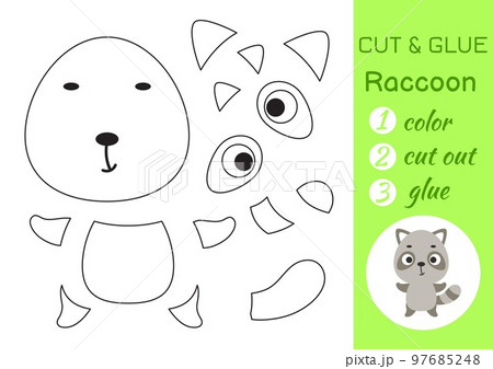 Color, cut and glue paper little raccoon. Cut and paste crafts activity page. Educational game for preschool children. DIY worksheet. Kids logic game, puzzle. Vector stock illustration 97685248
