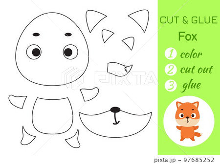 Color, cut and glue paper little fox. Cut and paste crafts activity page. Educational game for preschool children. DIY worksheet. Kids logic game, puzzle. Vector stock illustration 97685252